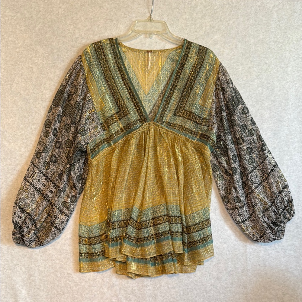 Free people Bohemian Gold and Green Sheer Women's Top